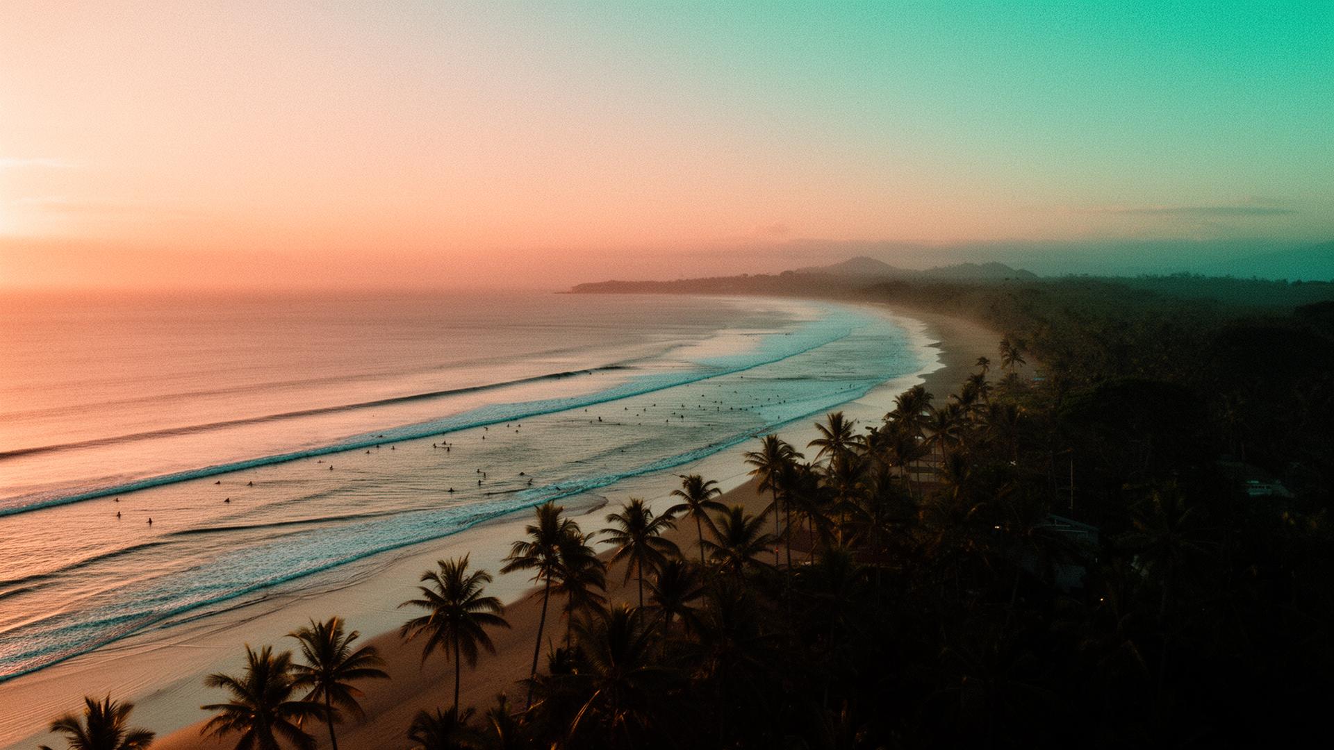 Aerial sunset over Playa Guiones, Nosara